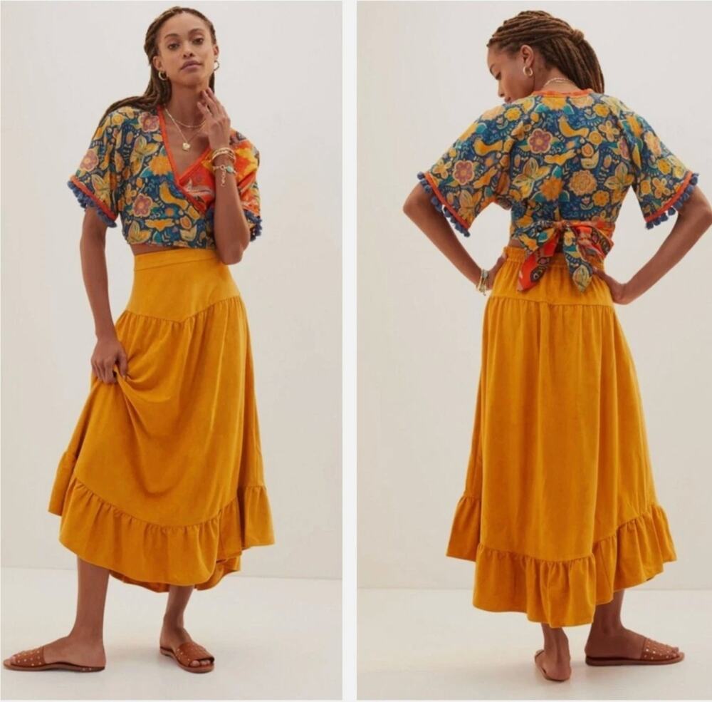 NWT Anthropologie Faux Suede Yoked Maxi Skirt in Honey Sz S Marigold Yellow